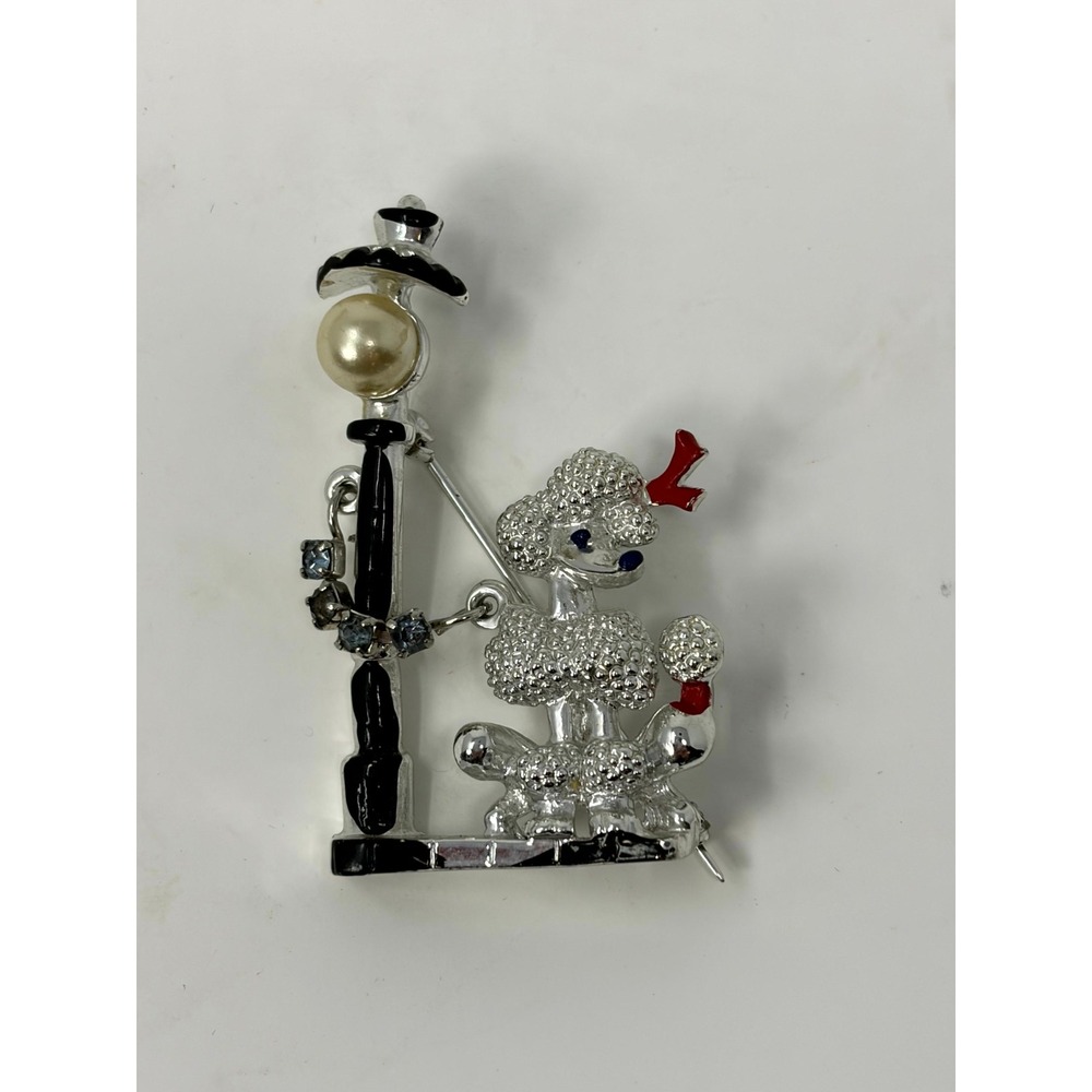 Vintage Silver Tone Poodle Lamppost Brooch Rhinestone Enamel Dog Pin